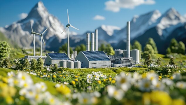 Factory uses renewable sources for power generation in a flourishing valley landscape