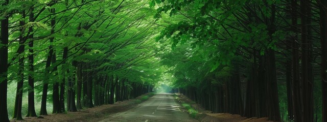 Obraz premium A road lined with large trees on both sides.
