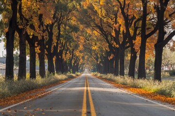 road in autumn with a row of trees on either side