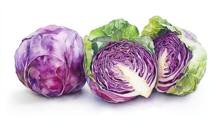 Obraz premium Fresh purple cabbage with vibrant green leaves, showcasing both whole and sliced sections, perfect for healthy recipes.