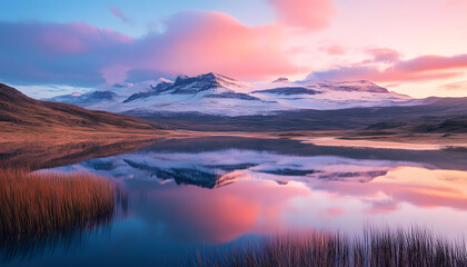 Fototapeta premium Nature Bliss: A serene mountain landscape with a lake reflecting the snowy peaks at sunrise