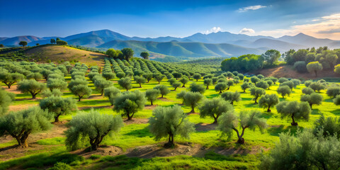 Obraz premium Scenic view of a lush olive grove in the Mediterranean countryside, olive trees, agriculture, landscape, Mediterranean, farm