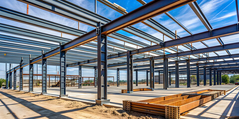 Naklejka premium Modern of sturdy iron i-beams and joists for construction projects, construction, steel, framework, architecture, industrial