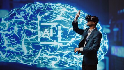 System administrator wearing VR headset looking at hologram of artificial intelligence human brain...