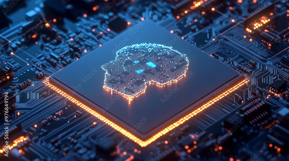 Poster a chip with ai managing smart devices, representing the electronics cpu industry. it encompasses har