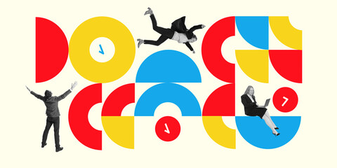 Poster. Contemporary art collage. Contrast between action and stillness. People working, leaping or stay grounded against colorful shapes symbolizing time.