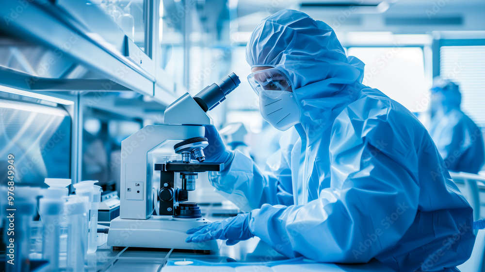 Wall mural scientist wearing protective blue suit works with microscope in medical laboratory.