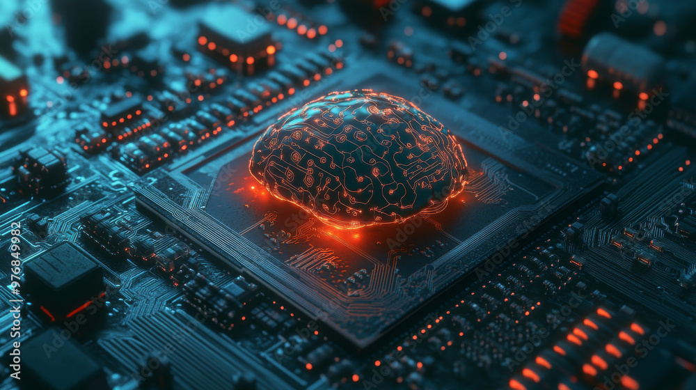Poster a chip with ai managing smart devices, representing the electronics cpu industry. it encompasses har