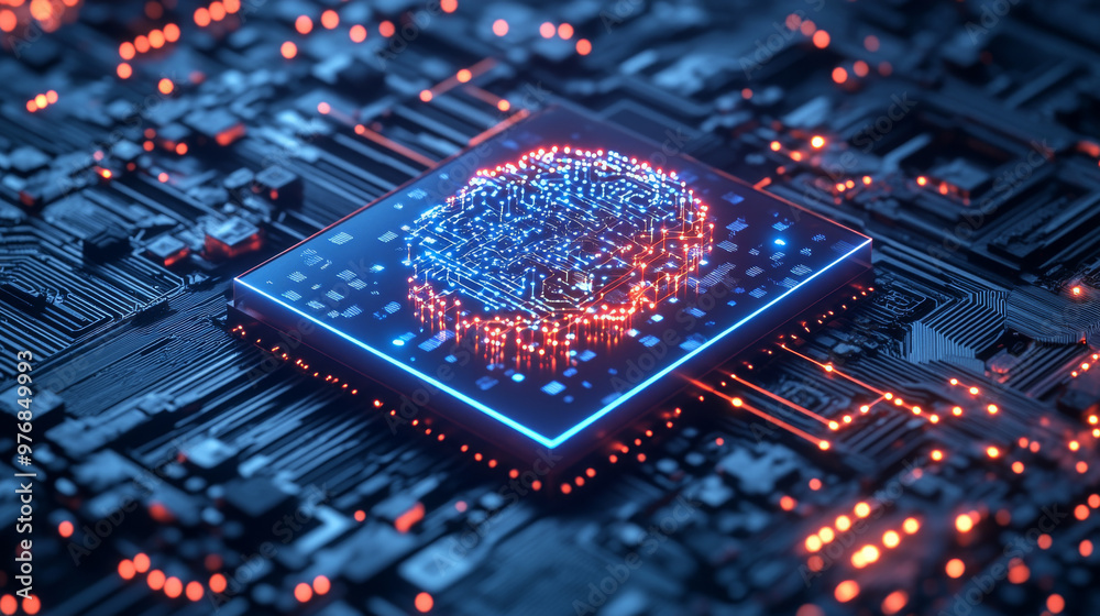 Poster a chip with ai managing smart devices, representing the electronics cpu industry. it encompasses har
