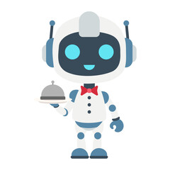 A robot is holding a tray with a silver plate on it. The robot is wearing a bow tie and has a smile on its face