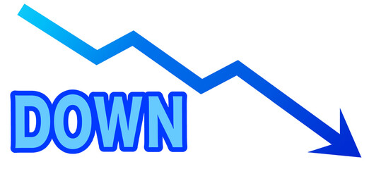 矢印　down       ダウン　下向き　下がる　右肩下がり　落ちる　急下降　値下げ　素材　あしらい　パーツ　文字　飾り　シンプル　暴落　急落　下落　不況　成績　業績　学力　価格　物価　売上　株式　資産　営業　マーケット　貯金　給料　斜め　白背景　白バック　透過
