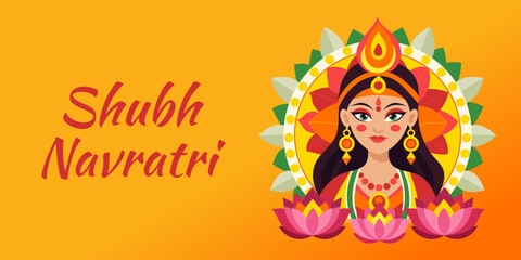 Navratri banner. A woman is the main focus of the image, and the background is orange