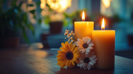 tall scented candles illuminate a cozy room, promoting relaxation and creating a welcoming ambiance with their fragrant glow