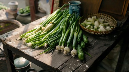 A scallions and cucumber cluster on an ancient town desk