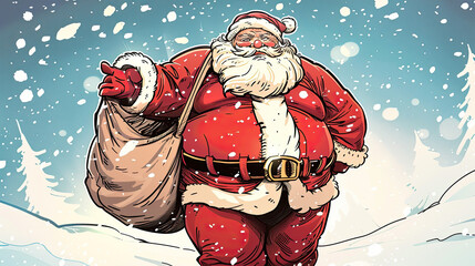 Playful Santa Claus with Exaggerated Features and Giant Sack of Gifts in Snowy Setting