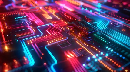 Obraz premium Neon Lights: A vibrant neon lights background with glowing colors, adding a futuristic and energetic vibe for tech gadgets. 