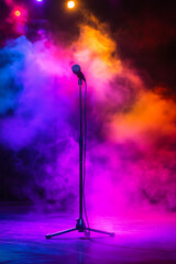 Microphone standing on an empty stage with colorful light and smoke. Mic on a stage