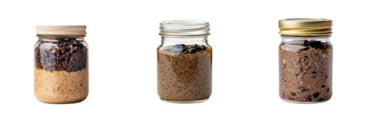 Three jars filled with various food spreads showcasing different textures and colors for culinary inspiration. transparent background