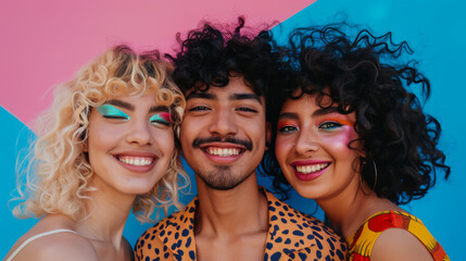 Fototapeta premium Three friends smiling together in front of a colorful backdrop during a fun summer photoshoot