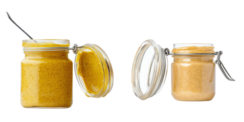 Two jars of mustard, one smooth and yellow, the other grainy, showcasing different textures for culinary inspiration. transparent background