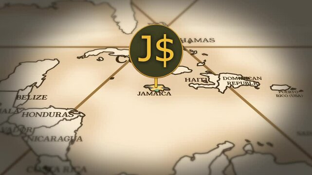Jamaican dollar currency sign showing on world map with 3D rendering