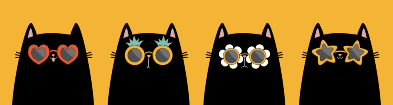 Black cat set wearing sunglass eyeglasses. Star, heart, daisy flower, pineapple shape sunglasses lenses. Kitten in eyeglass. Cute cartoon kawaii funny character. Yellow background. Flat design. Vector