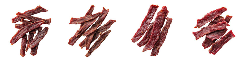 Fototapeta premium A collection of delicious jerky strips, perfect for snacks or meals, showcasing rich color and texture for culinary inspiration. transparent background
