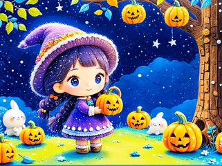 Naklejka premium Girl with purple hair in a witch's hat, pumpkins, halloween.