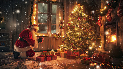 Santa Carefully Placing Presents Beneath Tree as Snow Falls Outside on Christmas Eve