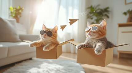 Two playful cats wearing aviator sunglasses sit in cardboard boxes