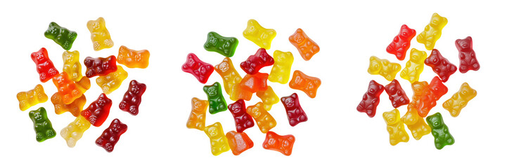 Colorful gummy bears scattered on a white background, perfect for candy lovers and sweet treats. transparent background