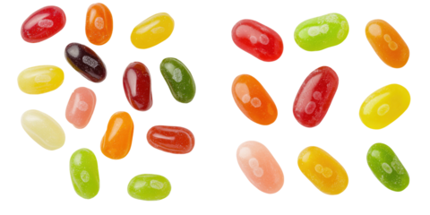 Colorful jelly beans scattered on white background, perfect for adding a sweet touch to any design or project. transparent background