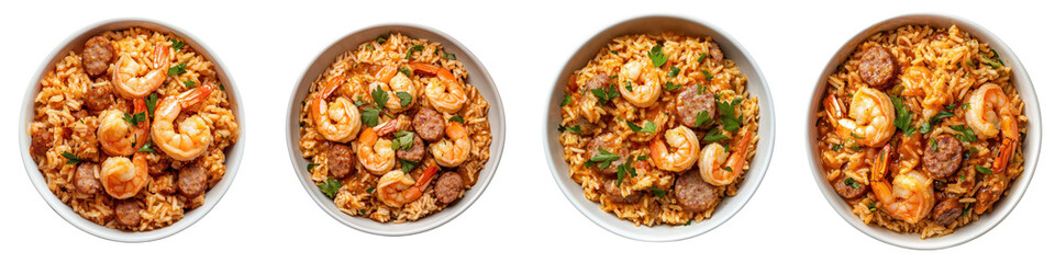 Delicious bowls of shrimp and sausage jambalaya, vibrant colors and flavors capturing the essence of Cajun cuisine. transparent background