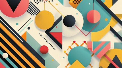 Obraz premium Design an abstract geometric background with vibrant, eye-catching colors, featuring various shapes like triangles, circles, and lines arranged in a dynamic, harmonious pattern.