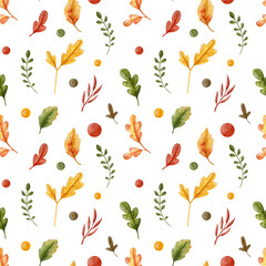 Autumn leaves pattern, watercolor illustration. Falling leaf seamless background with Oak in cartoon style. Autumn mood forest print for textile or wrapping paper.