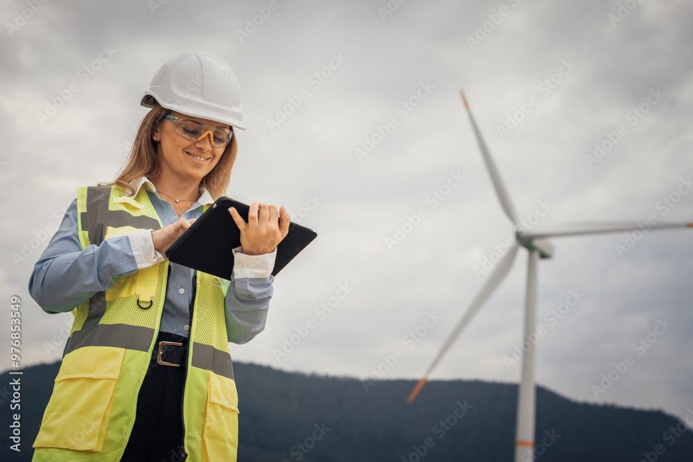 Poster A highly skilled professional female engineer is working diligently at a wind turbine site, utilizing a tablet for precise monitoring and indepth analysis of the various operational parameters