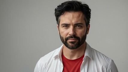 Obraz premium adult black hair white man in red shirt model portrait standing straight on a plain white background for ad concept space for text