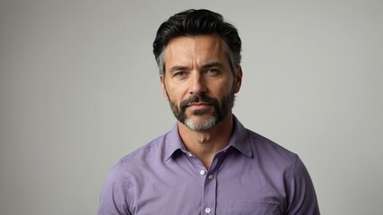 Obraz premium adult black hair white man in purple shirt model portrait standing straight on a plain white background for ad concept space for text