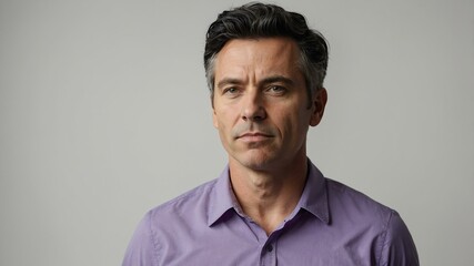 Fototapeta premium adult black hair white man in purple shirt model portrait standing straight on a plain white background for ad concept space for text