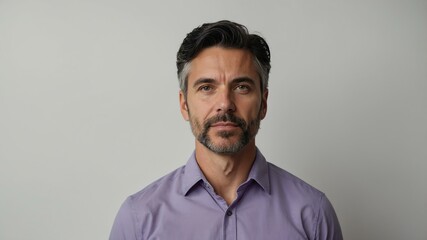 Obraz premium adult black hair white man in purple shirt model portrait standing straight on a plain white background for ad concept space for text
