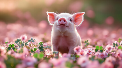 A cute piglet on rosa pink background with four leaf clovers