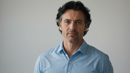 Obraz premium adult black hair white man in blue shirt model portrait standing straight on a plain white background for ad concept space for text