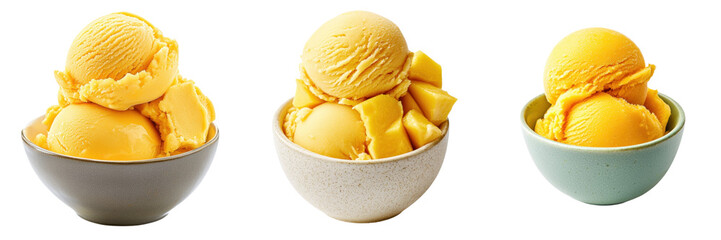 Delicious mango ice cream scoops in vibrant bowls, perfect for summer desserts or tropical treats. transparent background