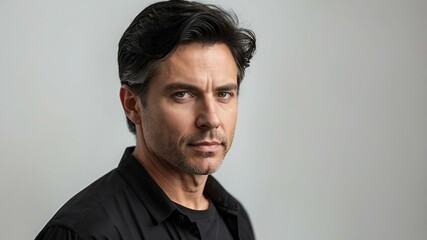 Obraz premium adult black hair white man in black shirt model portrait standing straight on a plain white background for ad concept space for text