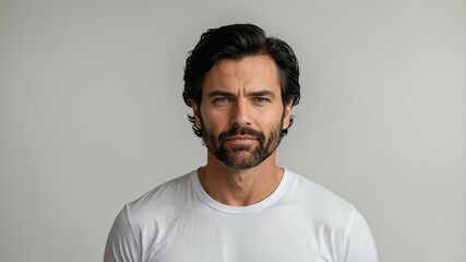 Obraz premium adult black hair white man in black shirt model portrait standing straight on a plain white background for ad concept space for text