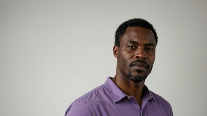 Fototapeta premium adult black hair subsaharan african man in purple shirt model portrait standing straight on a plain white background for ad concept space for text