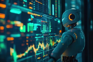 A futuristic robot analyzing data displayed on a screen