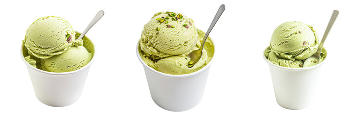 Delicious pistachio ice cream served in white cups, showcasing creamy texture and vibrant green color for a refreshing treat. transparent background