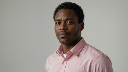 Obraz premium adult black hair subsaharan african man in pink shirt model portrait standing straight on a plain white background for ad concept space for text