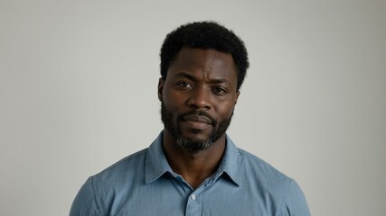 Obraz premium adult black hair subsaharan african man in blue shirt model portrait standing straight on a plain white background for ad concept space for text